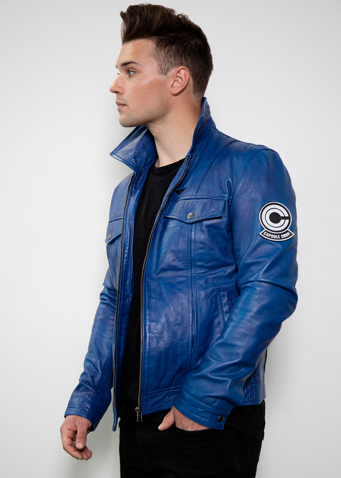 future trunks blue leather jacket capsule corp badge dragon ball z