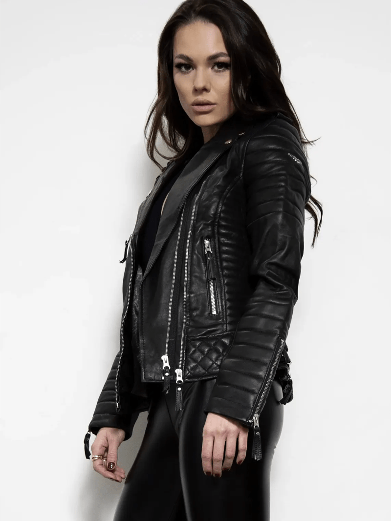 Womens Quilted Black Leather Motorcycle Jacket