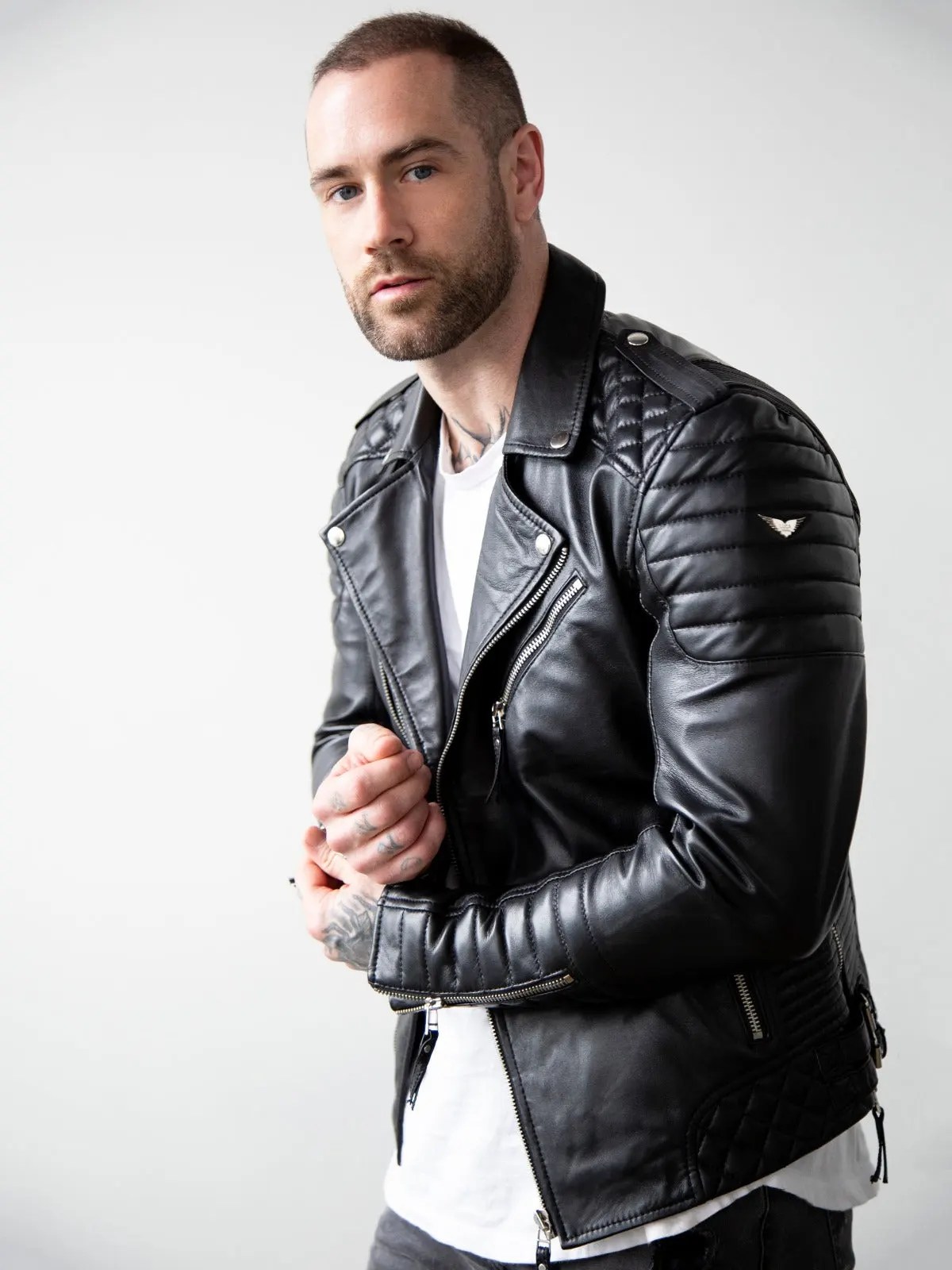 Mens Quilted Leather Motorcycle Jacket Black