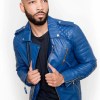 Mens Quilted biker Leather Motorcycle Jacket Blue