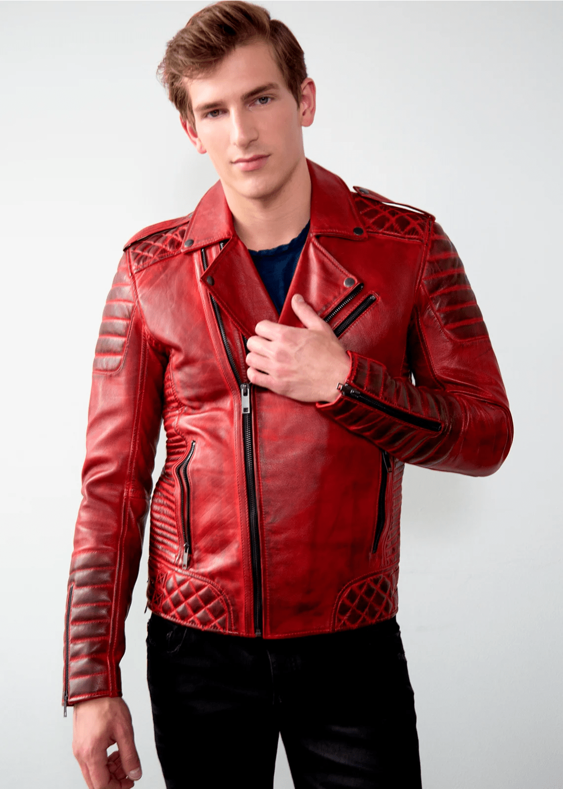 Mens Burnt Red Quilted Biker Leather Motorcycle Jacket