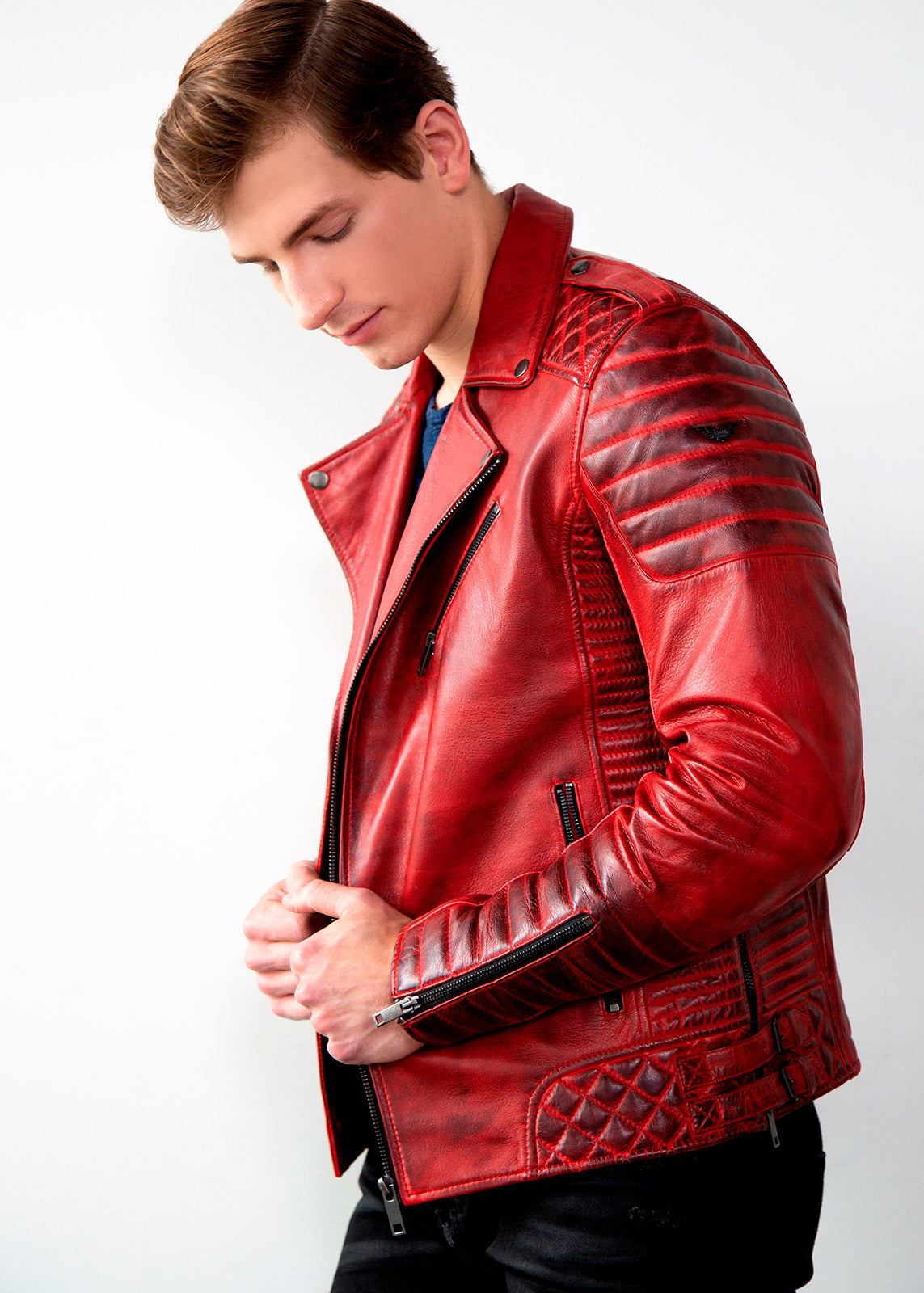 Mens Burnt Red Quilted Biker Leather Motorcycle Jacket