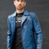 Mens Quilted biker Leather Motorcycle Jacket Blue