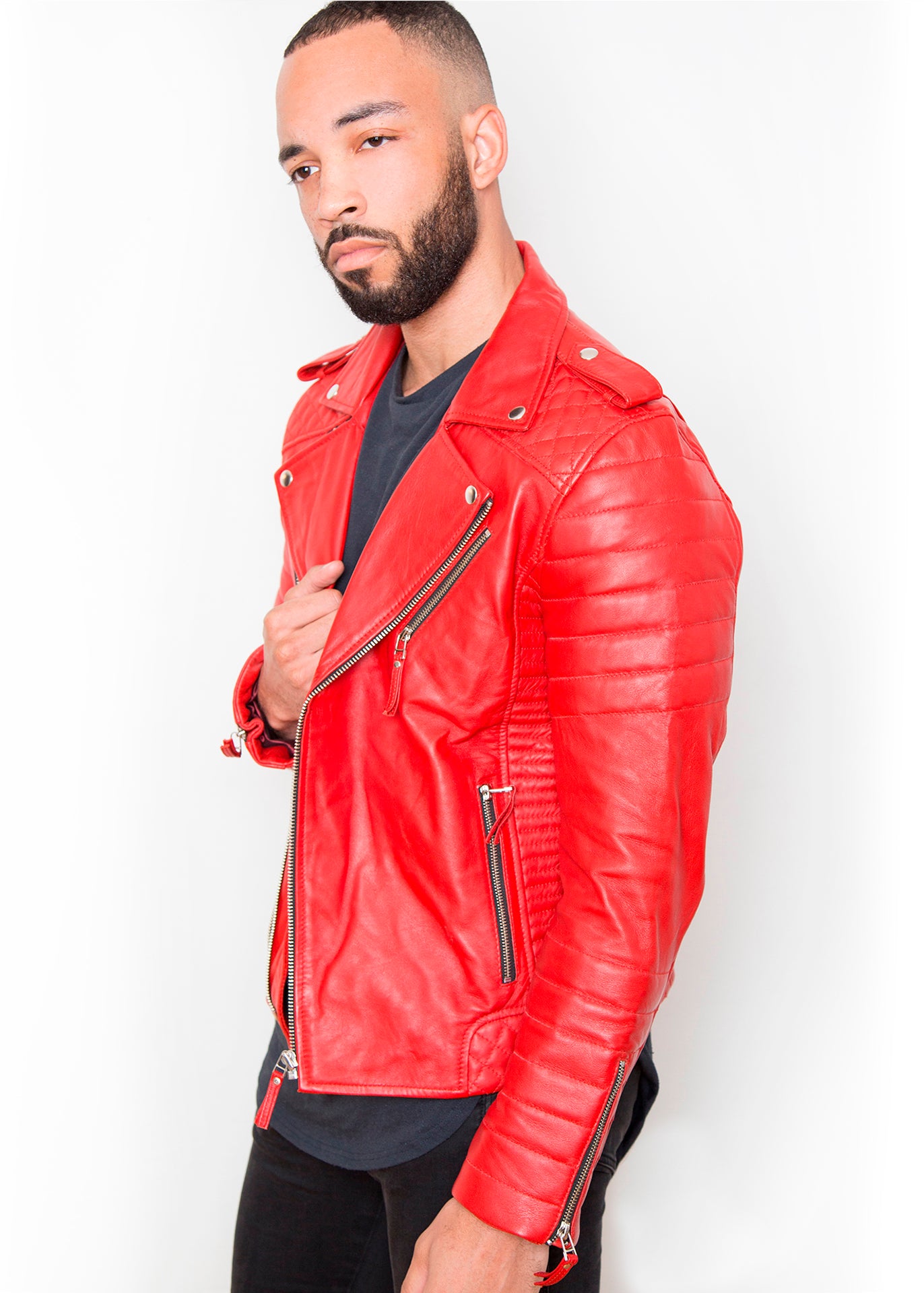 Mens Quilted Biker Leather Motorcycle Jacket Red