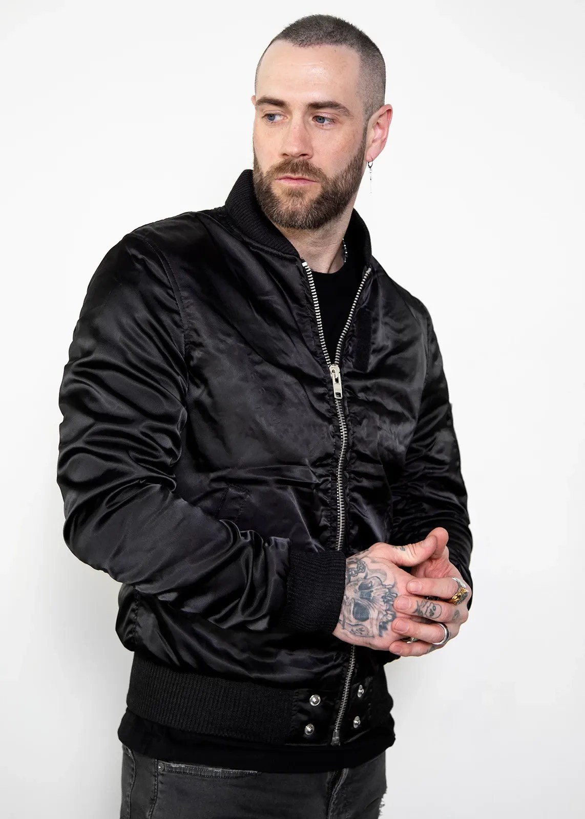 black rushed satin flight bomber