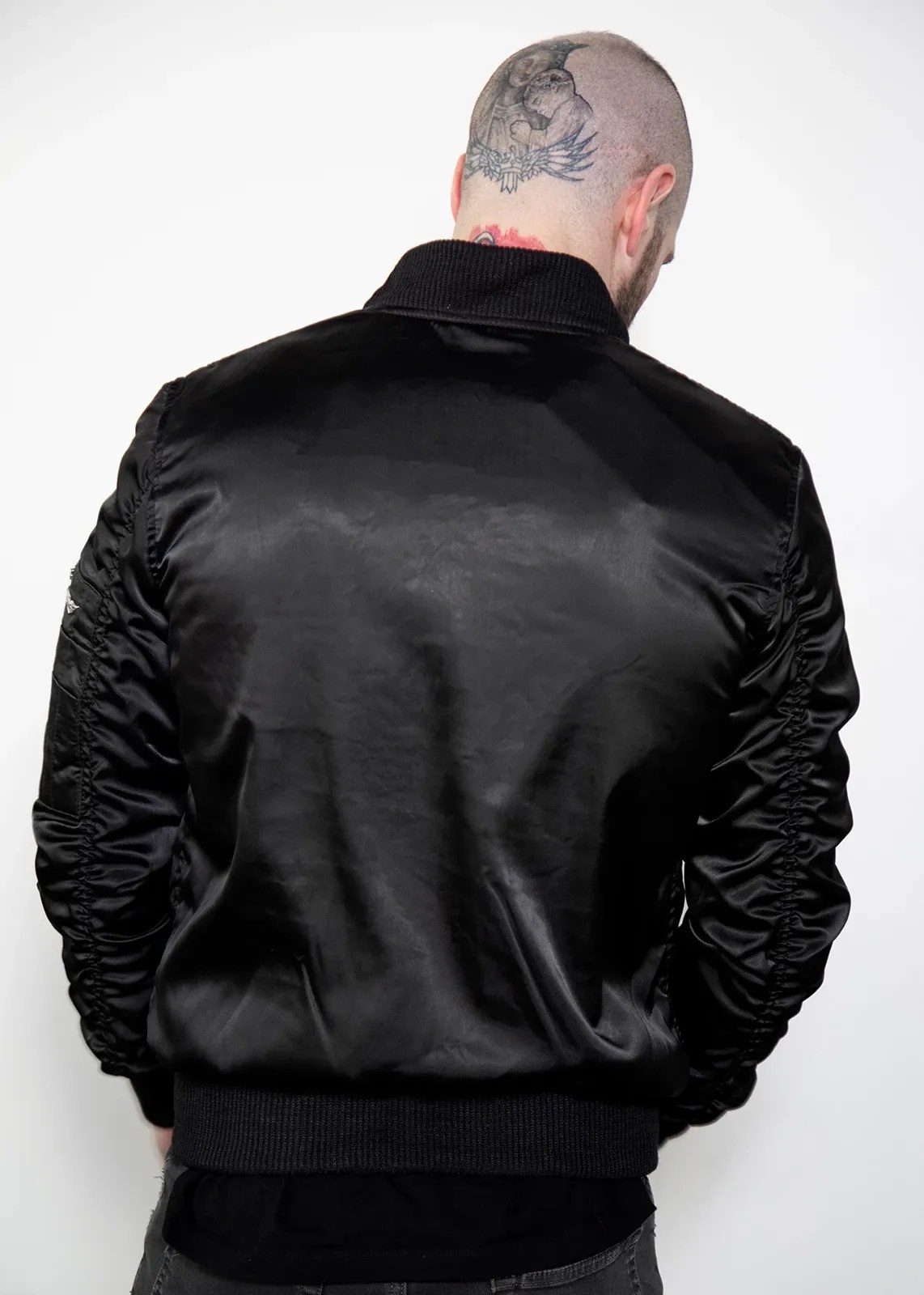 black flight satin bomber jacket