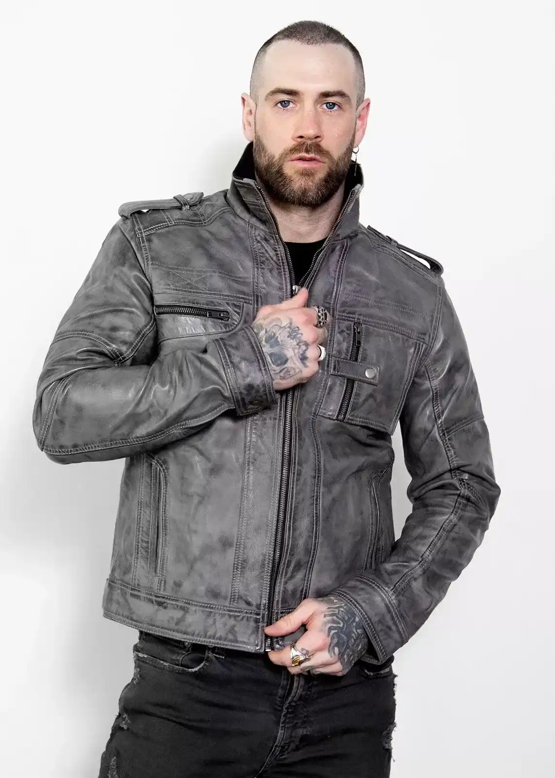 premium military gray leather jacket