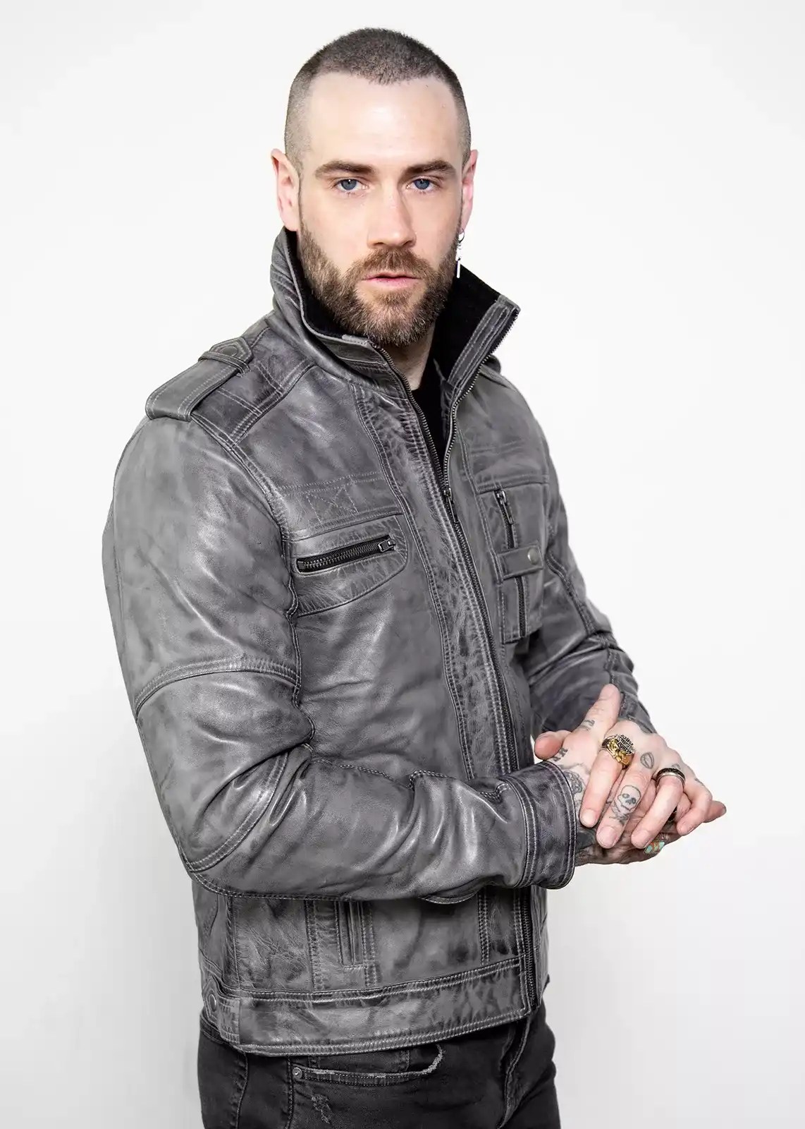 gray military real leather jacket