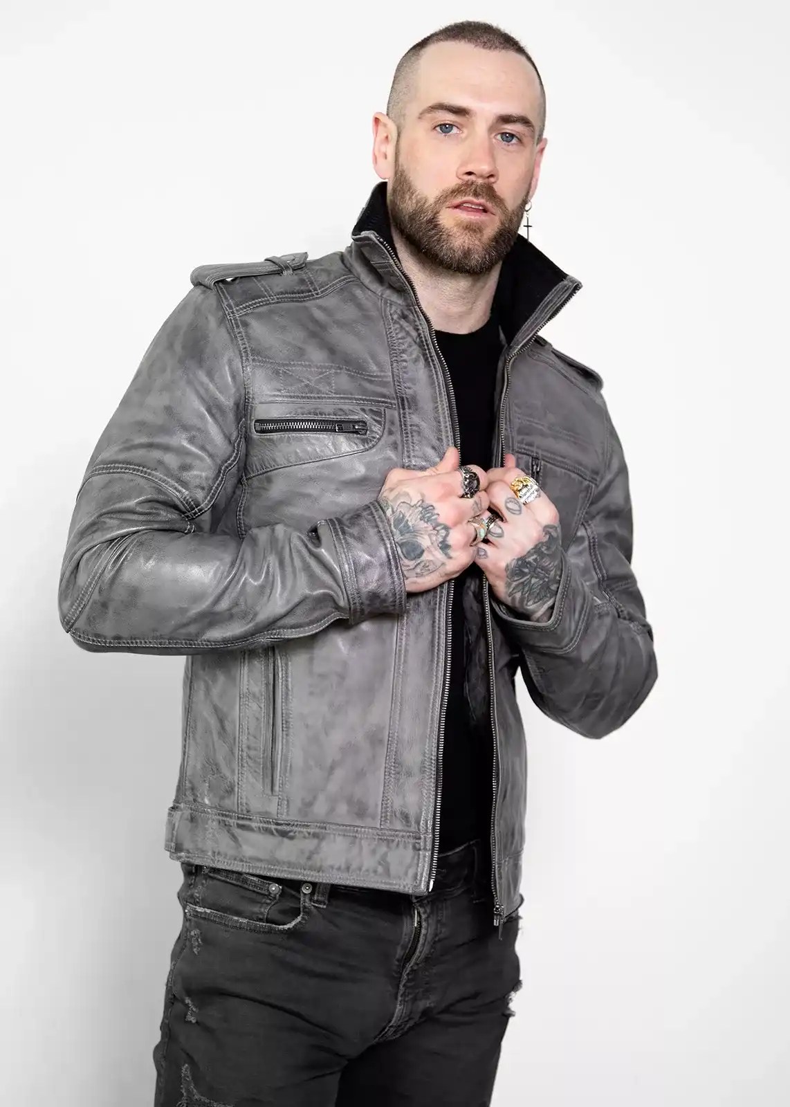 mens gray army style jacket in leather