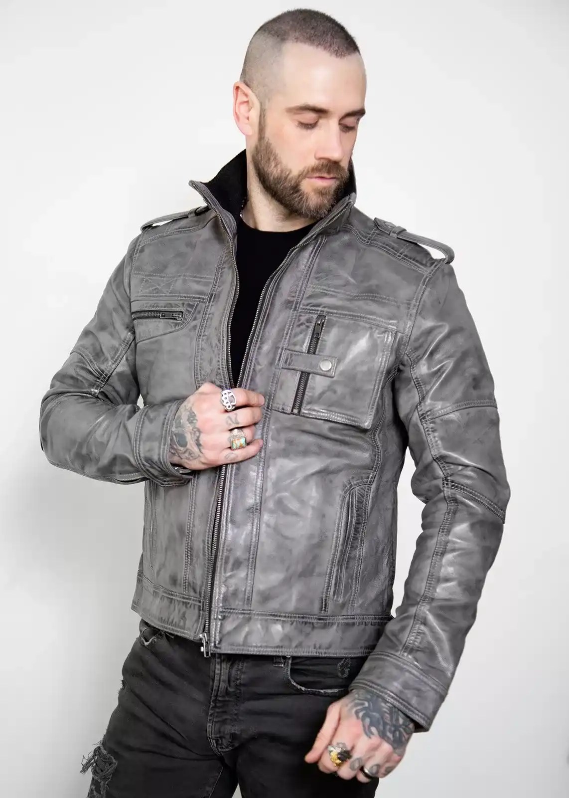 mens gray distressed leather jacket