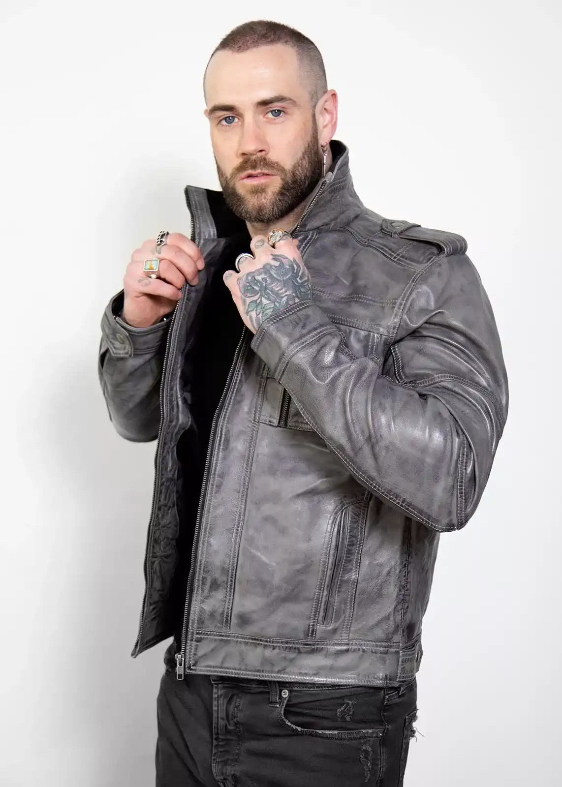 gray military futuristic leather jacket