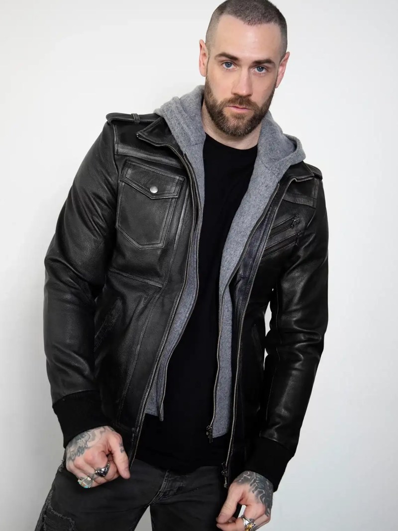 Mens Black Hooded Bomber Jacket