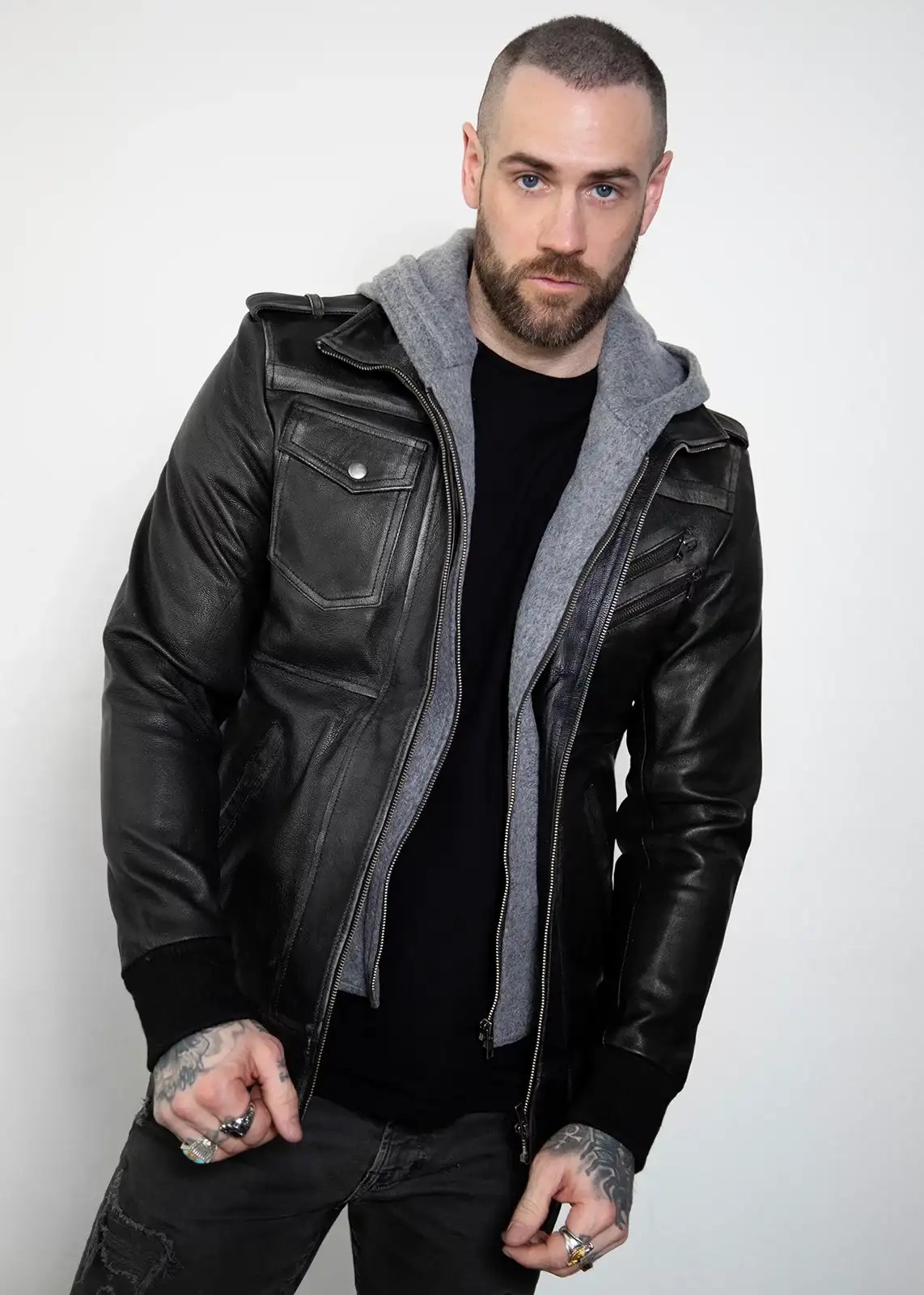 Mens Black Hooded Bomber Jacket