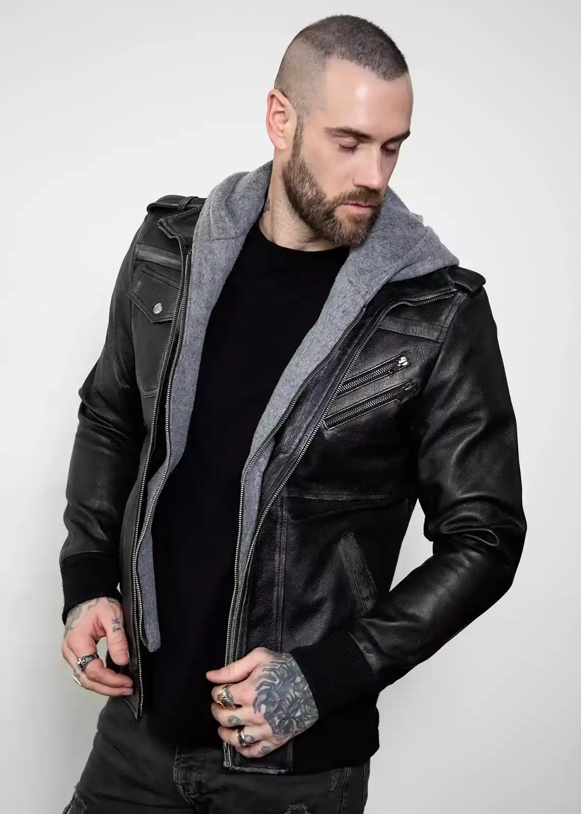 Distressed Leather Black Hooded Bomber Jacket
