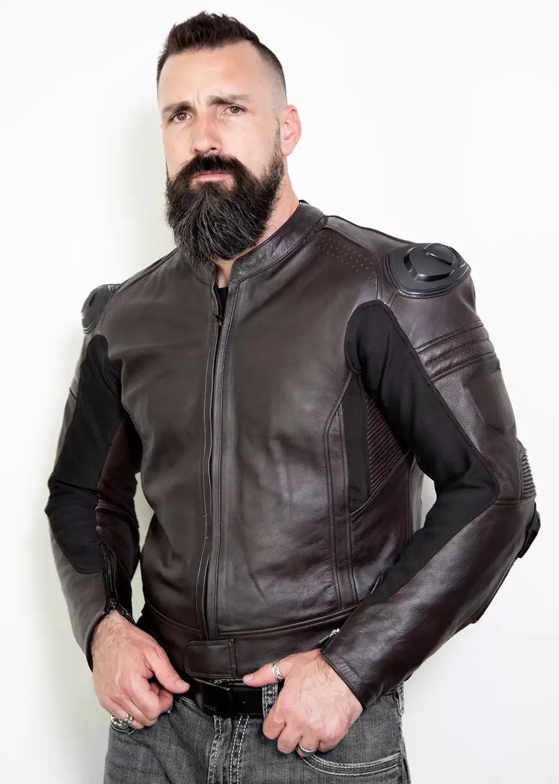 Brown leather motorcycle jacket with armor