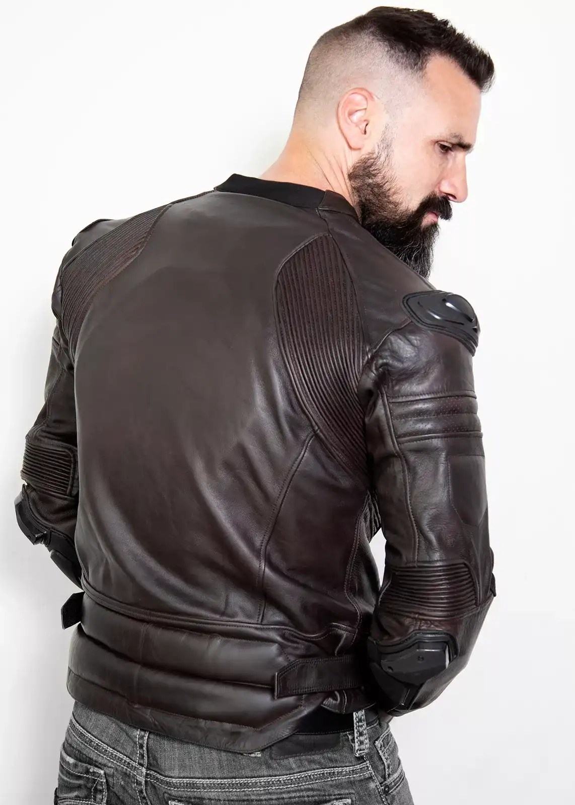 Leather motorcycle jacket with armor