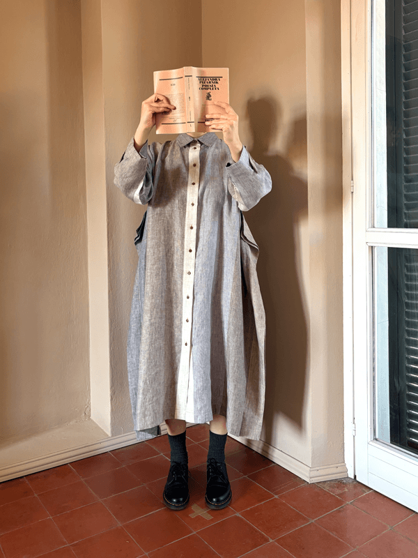 Shirt/Dress GAMP Worn front view with book SKU: L-CH.FW24.12