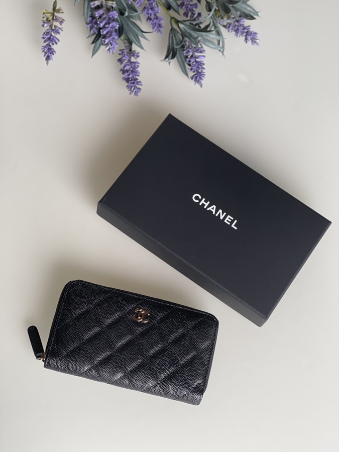 Chanel zip around wallet black caviar