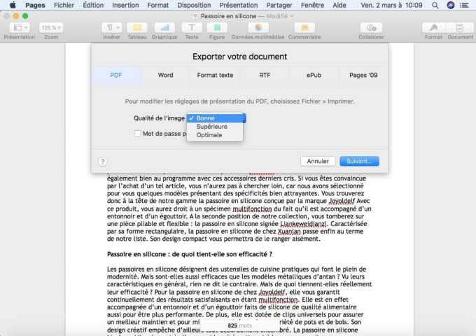 convertir un fichier Word en PDF sur Mac avec Pages qualite compression