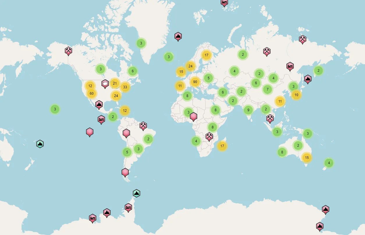 Gisement de la Labradorite dans le monde (source Mindat.org)