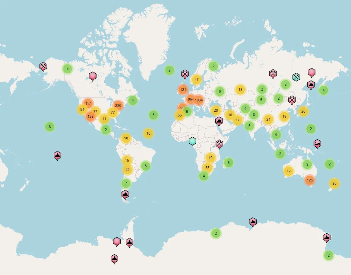Carte des gisements d'Aragonite dans le monde (source mindat.org)