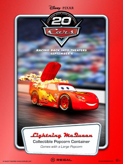 Cars 20th anniversary popcorn buckets promotional image by Regal.