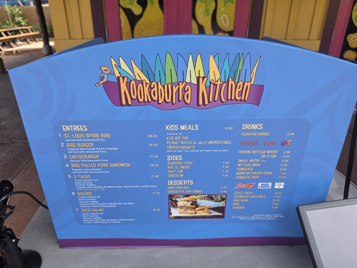 Kookaburra Kitchen menu board from August 2026 at Aquatica Orlando