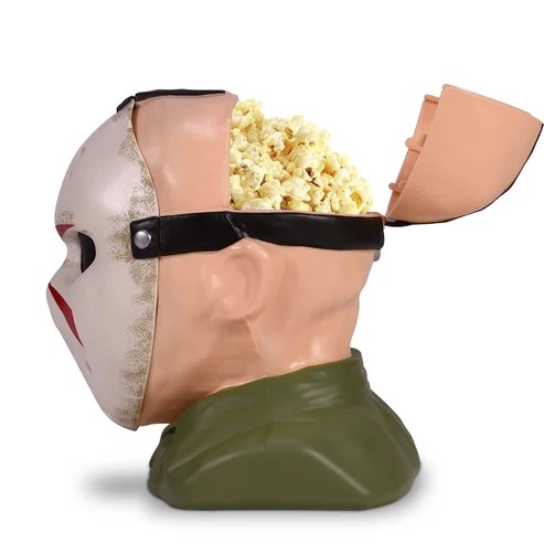 Side profile view of Jason Voorhees Friday the 13th popcorn bucket with open head lid filled with popcorn