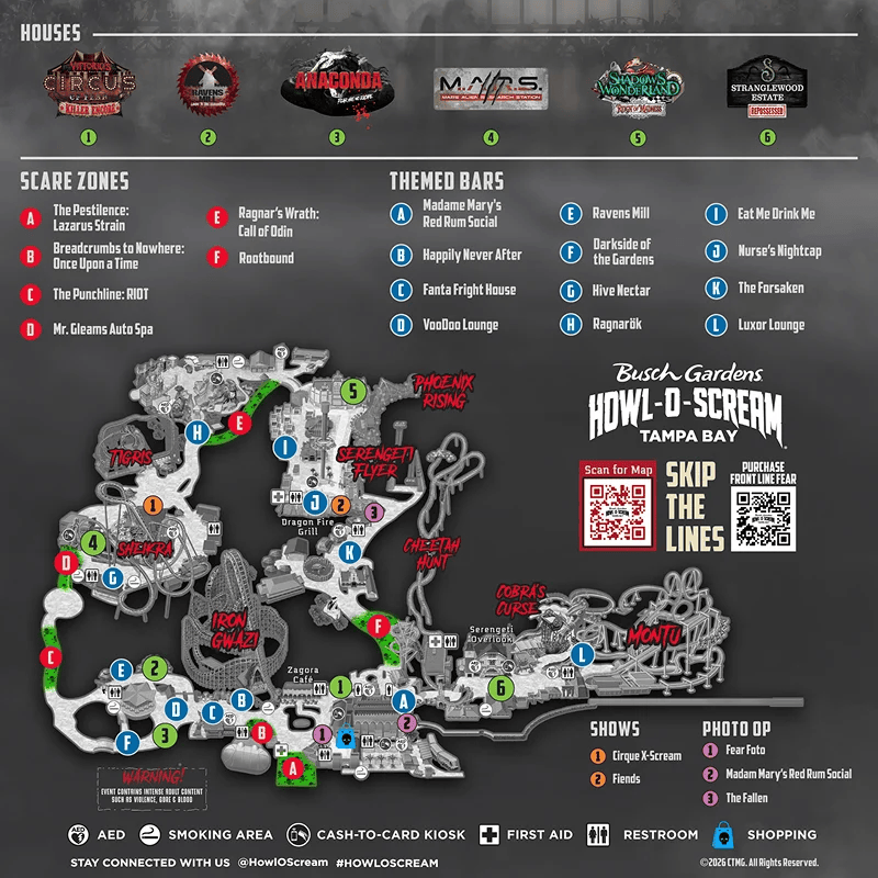 Howl-O-Scream Map sowing house locations