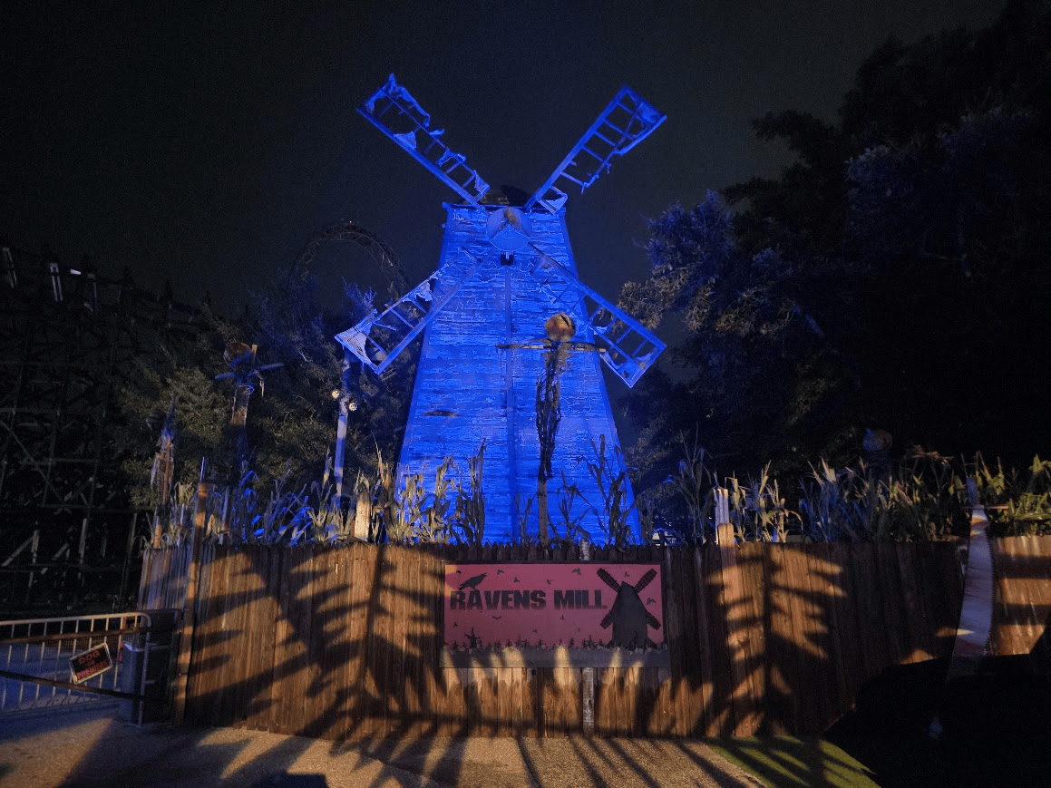 Raven's Mill prop seen at night