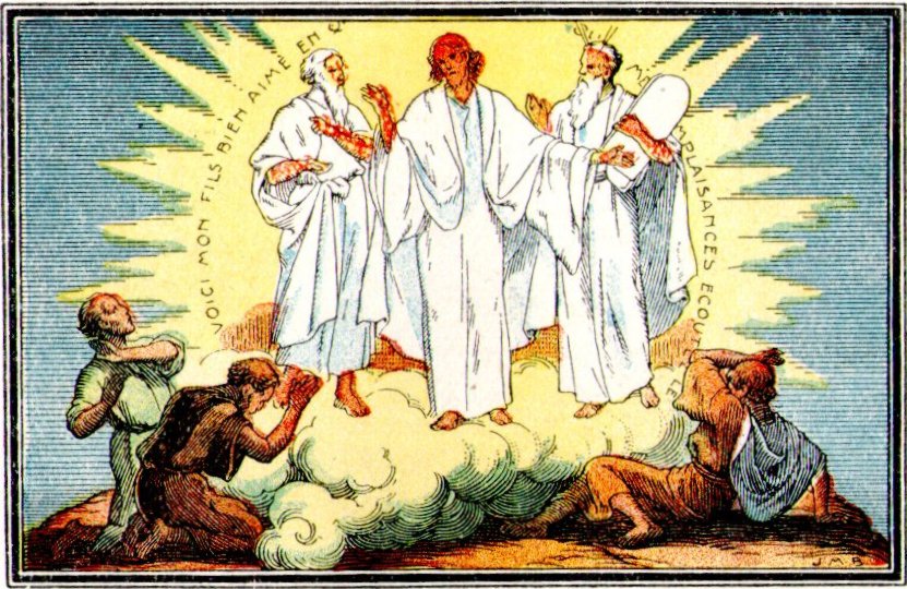 En bas, les Apôtres qu'aveugle la lumière. — Jésus est transfiguré. — Autour de lui, Moïse et Élie.