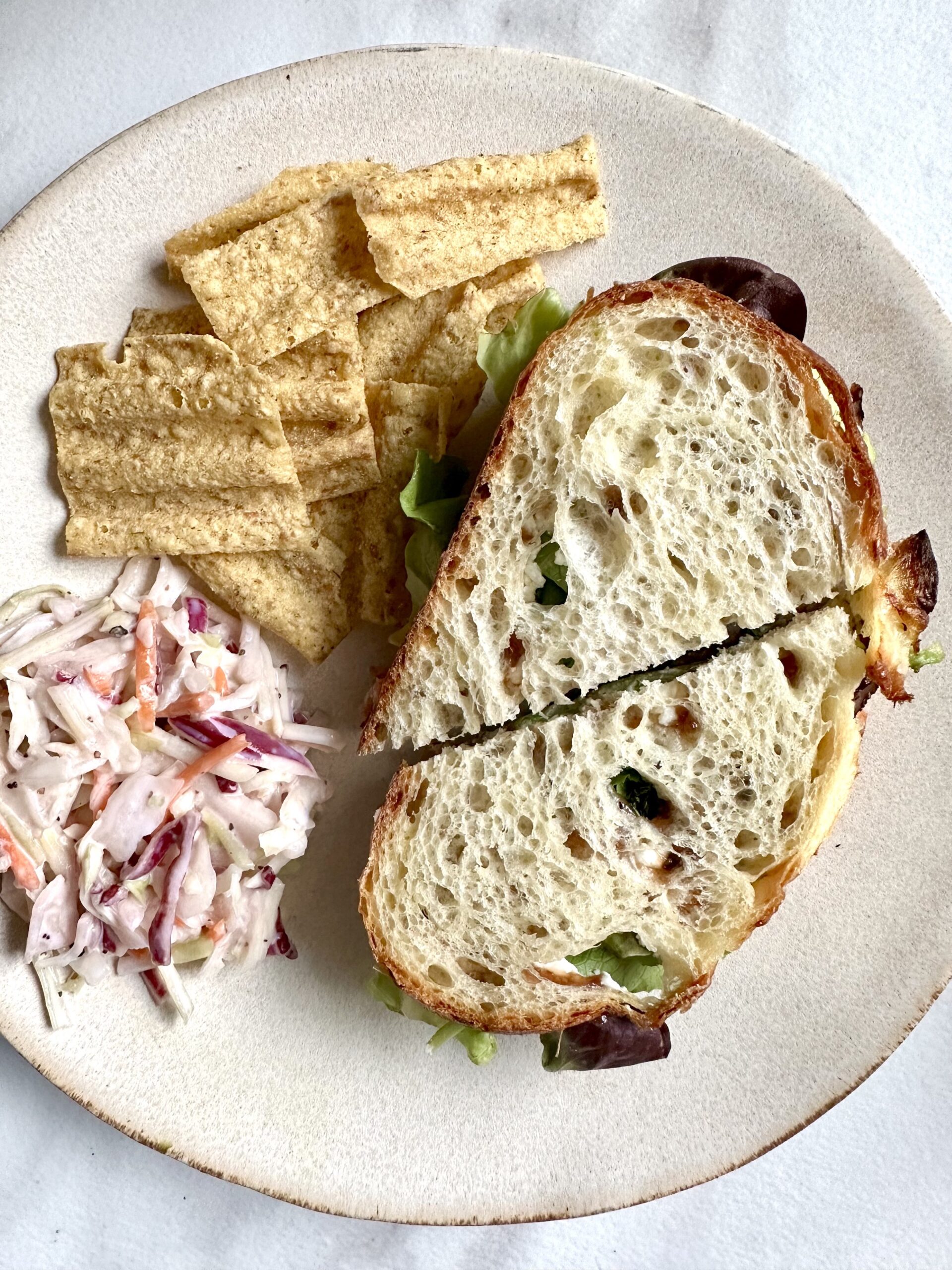 ham and fig on sourdough with slaw and chips