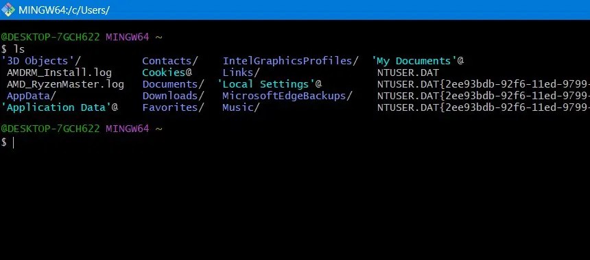 Ls command in Git Bash console window.
