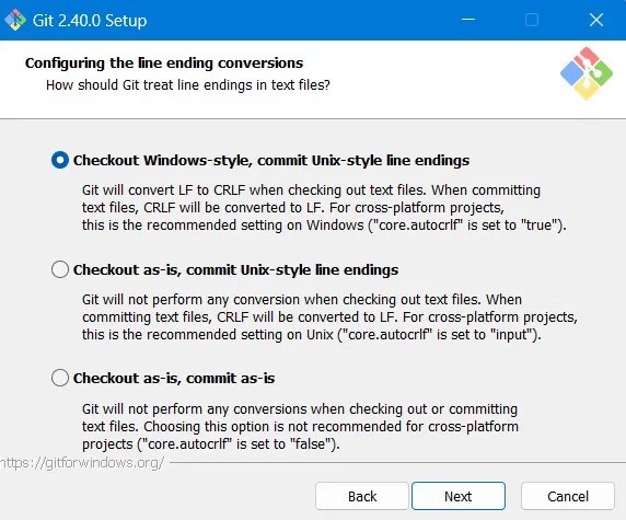 Selecting checkout Windows-style commit Unix for Git's line ending conversions.