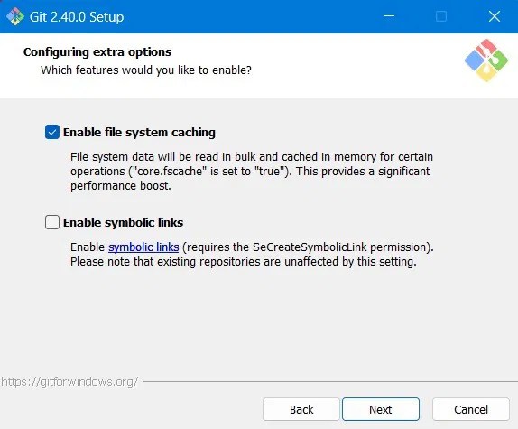 Enable file system caching for configuring extra options in Git.
