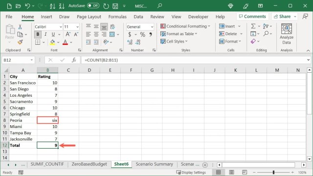 عد وظيفة مع النص في Excel