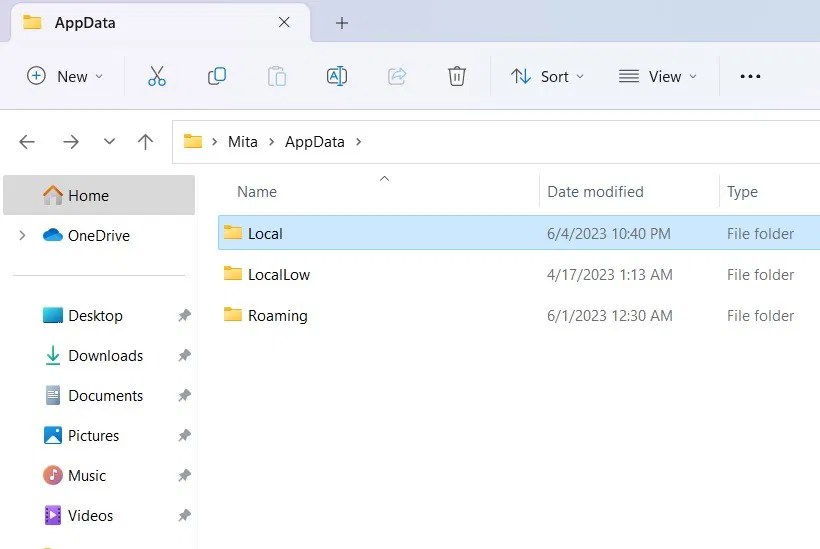 "محلي" مجلد تحت "معلومات التطبيق" على جهاز كمبيوتر يعمل بنظام Windows.