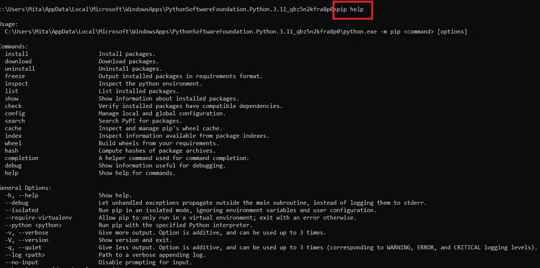 خيارات Pip Help في موجه الأوامر.