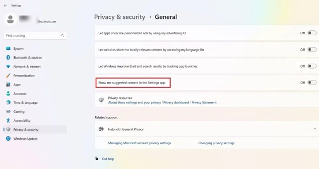 Turn content suggestions off in Windows 11 Settings from Privacy & Security.