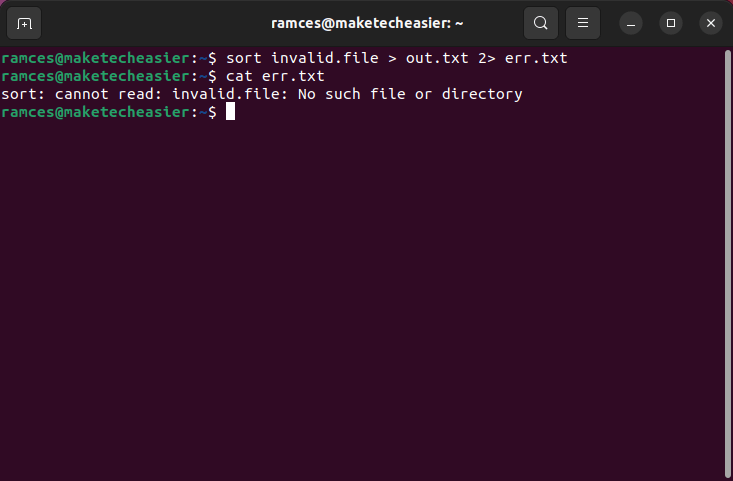 A terminal showing a error redirection output from an invalid file.