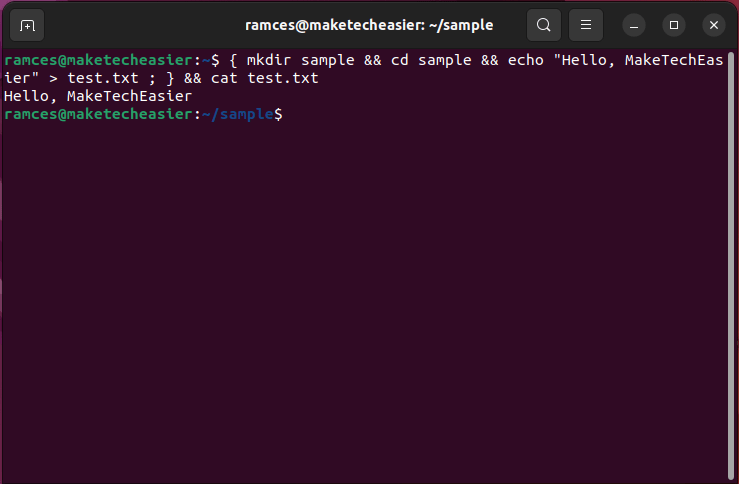 A terminal showing a group shell execution string that does not create a new subshell.