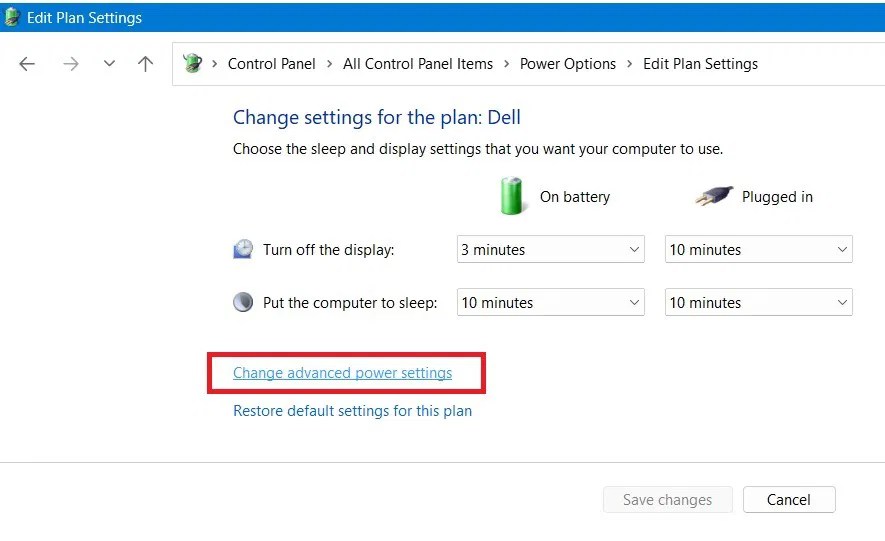 Clicking "Change advanced power asettings" in Control Panel.