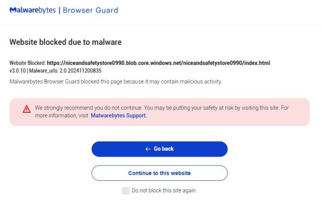 Malwarebytes Browser Guard blocks trhe Tech Support scammers site