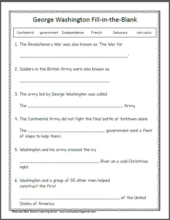 George washington worksheets