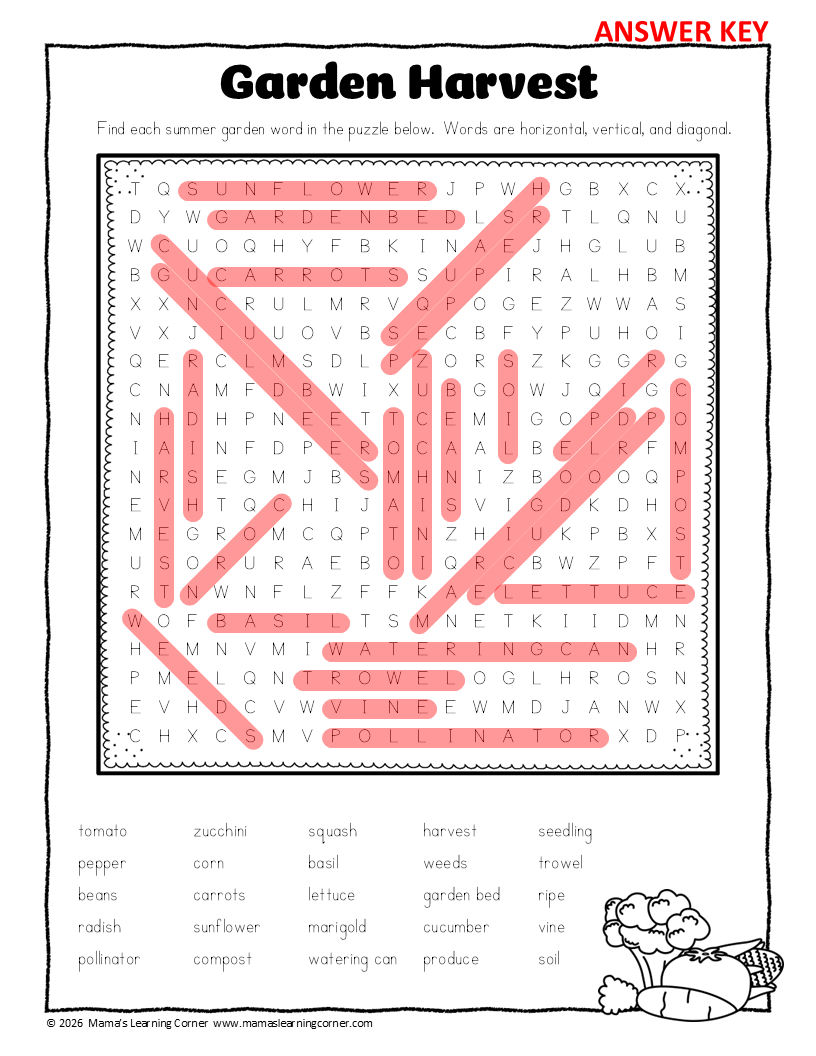 Summer Word Search with Answer Key