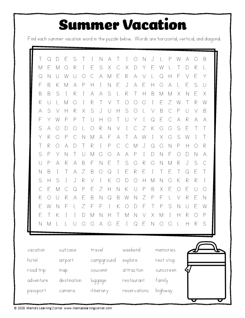 Summer Word Search Summer Vacation