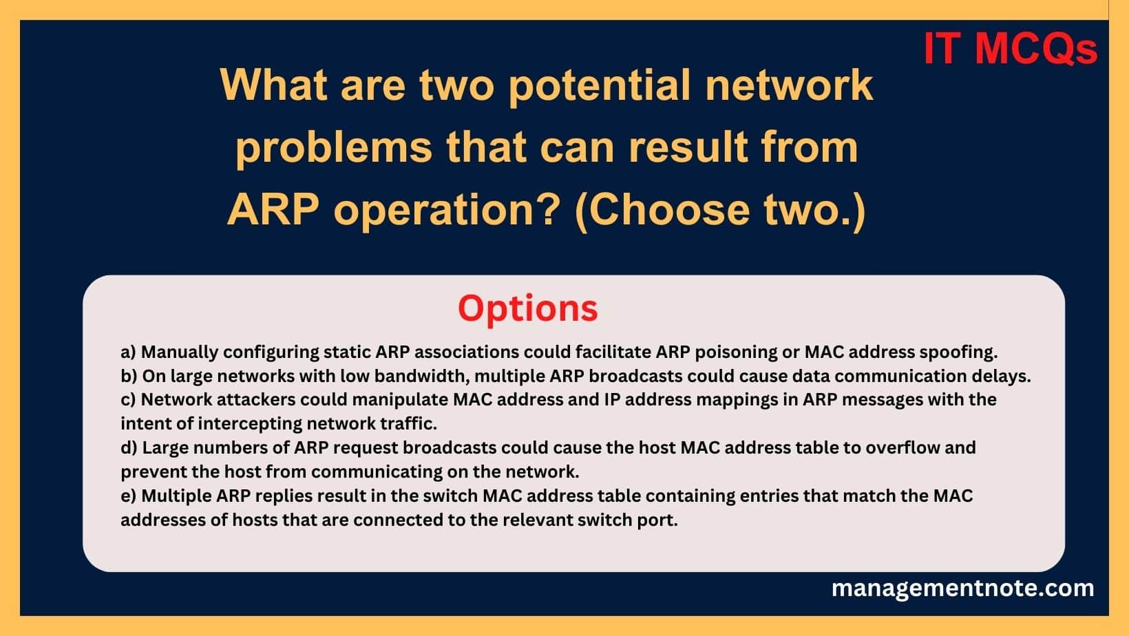 What are two potential network problems that can result from ARP operation? (Choose two.)