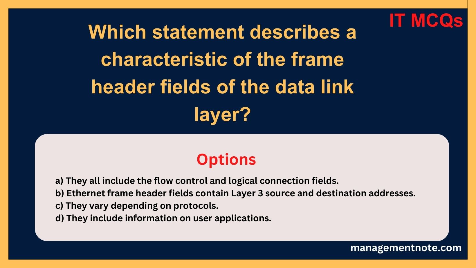 Which statement describes a characteristic of the frame header fields of the data link layer?