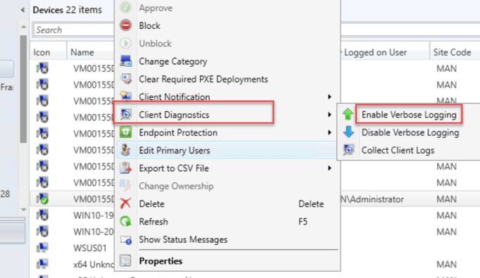 How to enable Debug and Verbose logging for SCCM Client 3 Client Diagnostics Enable Verbose Logging