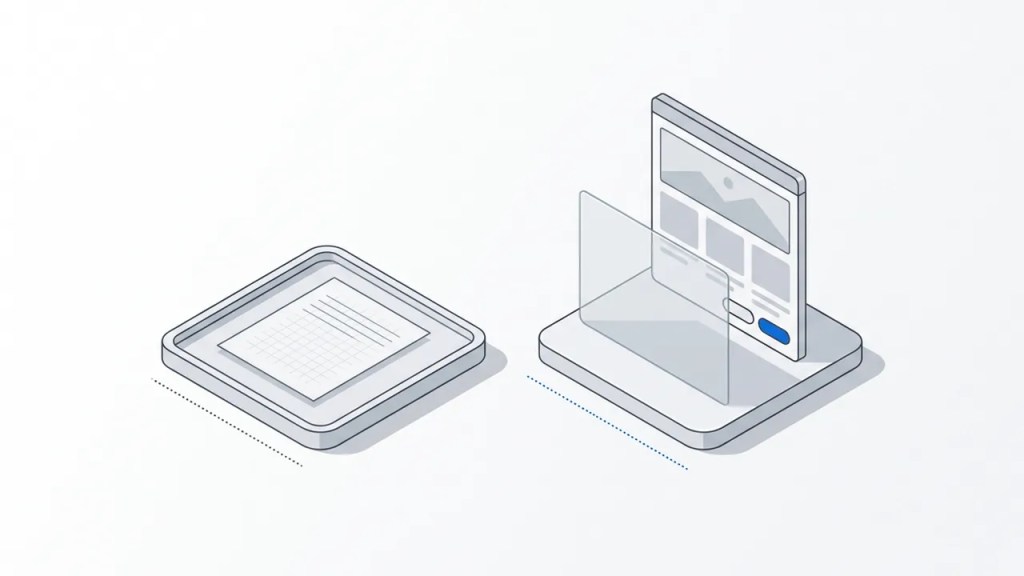 Two isometric platforms: a single page sheet in a tray beside a fully built web page standing behind a pale glass screen